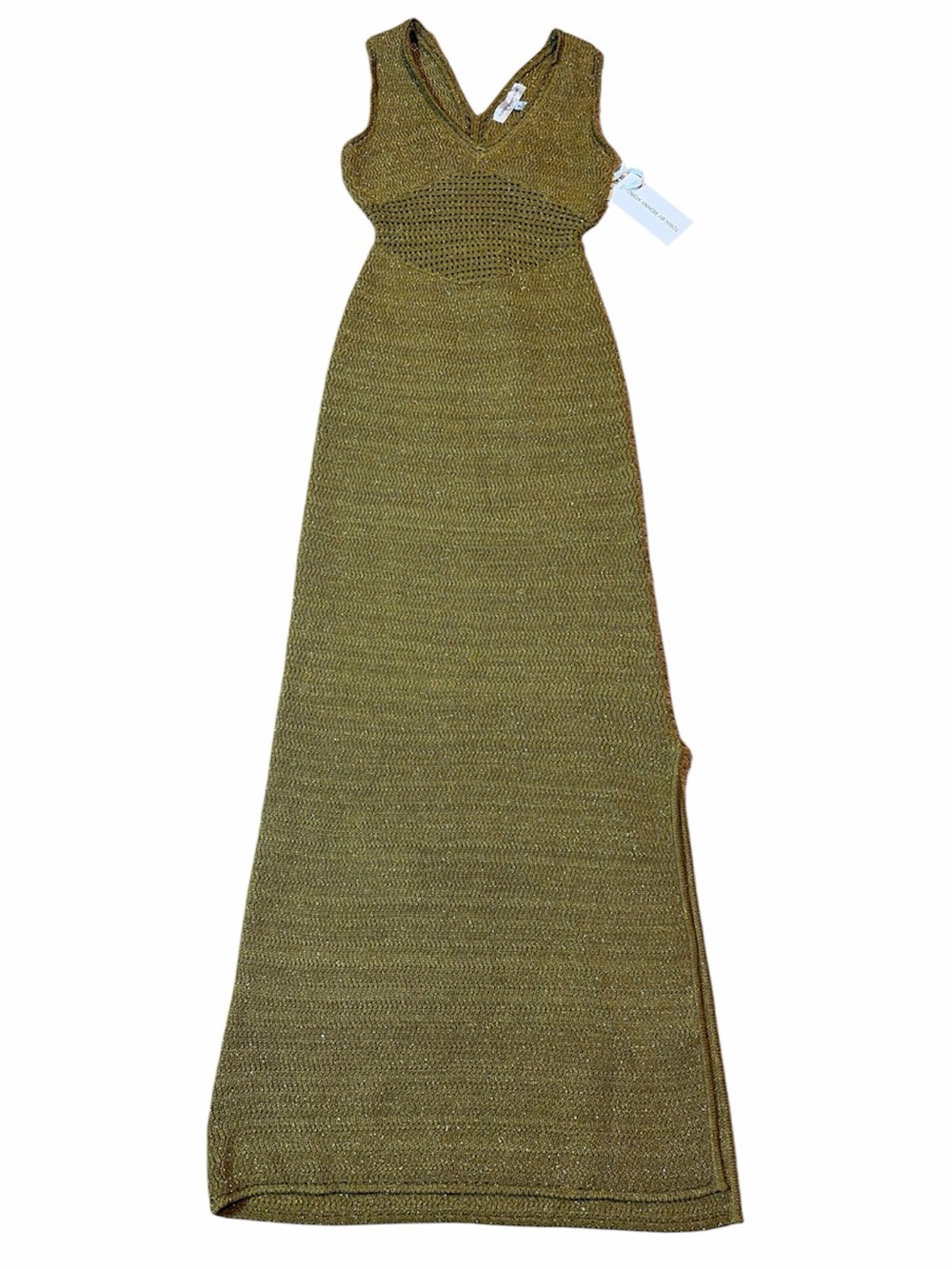 TORN by Ronny Kobo Melanie Metallic Gold Knit Maxi Dress Side Slit NWT Size S